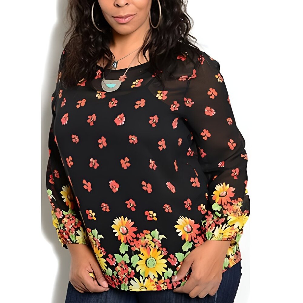 Moa Moa Ladies Top Sheer Black Floral Chiffon Long Sleeve Size 2XL NWOT